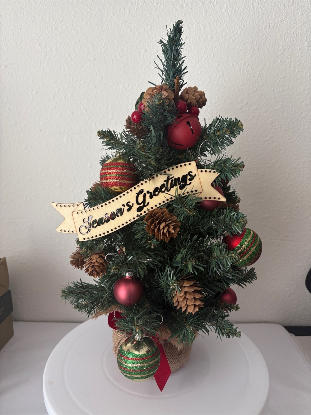 Season's Greetings Mini Holiday Tree with Red and Green Ornaments Preowned 16” t
